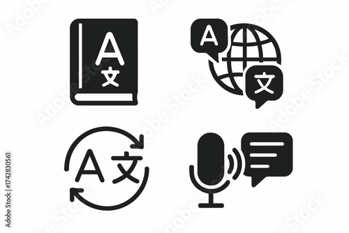Language translation icons: book, globe, arrows, microphone and speech bubbles