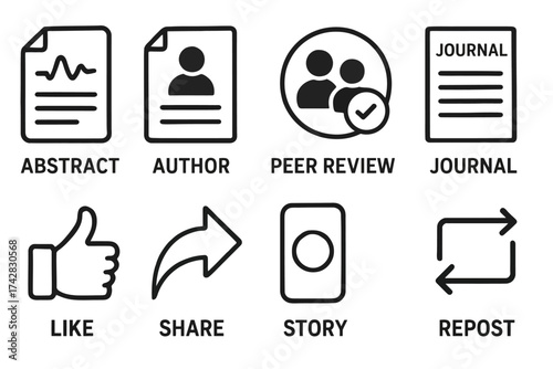Academic publishing and social media icons collection - abstract, author, peer review, journal, like, share, story, repost