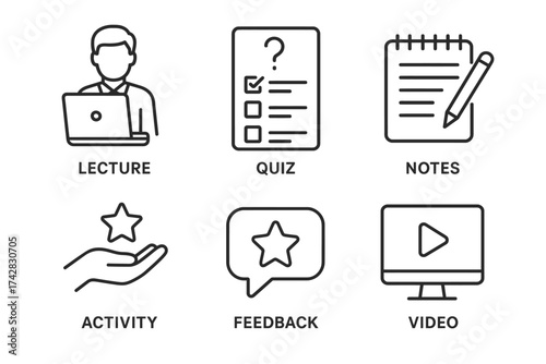Educational icons set: lecture, quiz, notes, activity, feedback, video