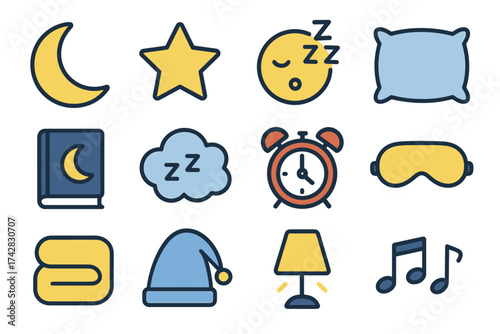 Sleep icon set: moon, star, pillow, cloud, alarm, mask, blanket, lamp, music notes