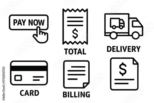 Ecommerce payment and delivery icons: pay now, total, delivery, card, billing
