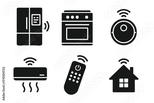 Smart home appliance icons: refrigerator, oven, vacuum, ac, remote, house