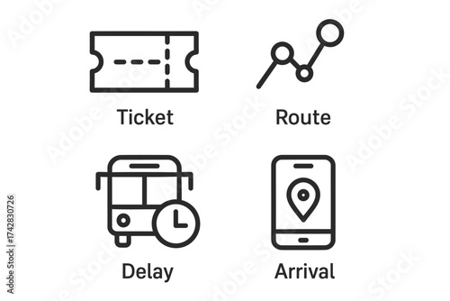Transportation icons: ticket, route, delay, arrival for travel apps