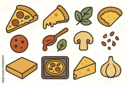 Pizza ingredients and tools icons: cheese, garlic, dough, mushroom, sauce, herbs, pepperoni