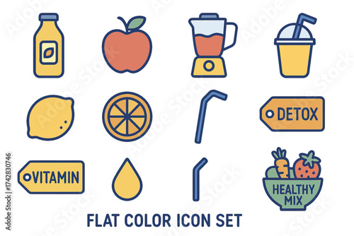 Fruit and beverage icon set with detox and vitamin labels