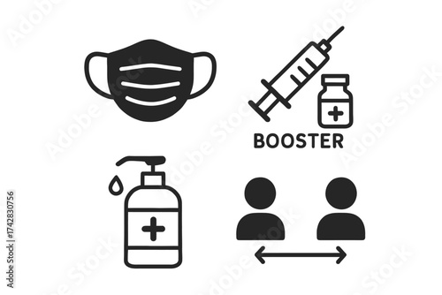 Covid-19 safety icons: mask, vaccine, sanitizer, social distancing symbols