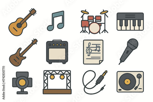 Musical instruments and icons: guitar, drums, keyboard, microphone, turntable