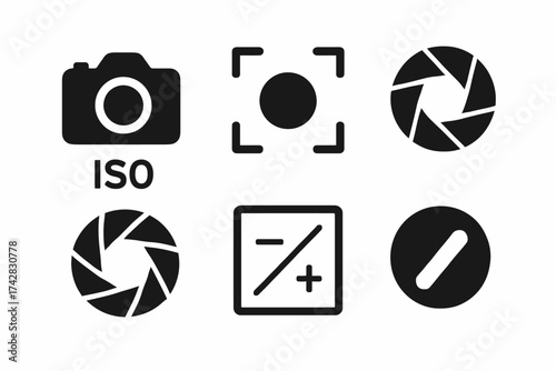 Collection of photography icons: camera, aperture, iso, and exposure adjustment symbols