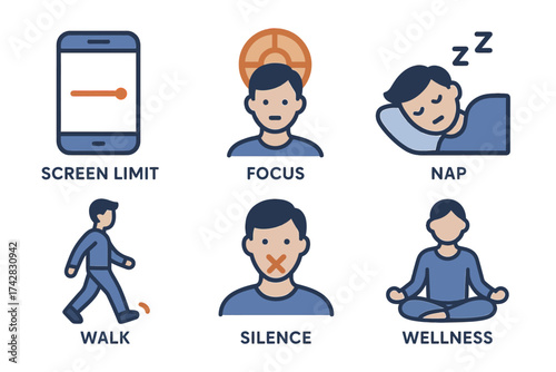 Icons depicting focus, screen limit, nap, walk, silence, wellness activities