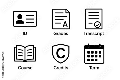 Educational icons set: id, grades, transcript, course, credits, term