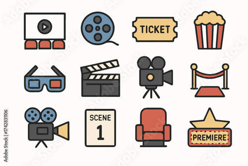 Cinema icons: film reel, ticket, popcorn, 3d glasses, premiere