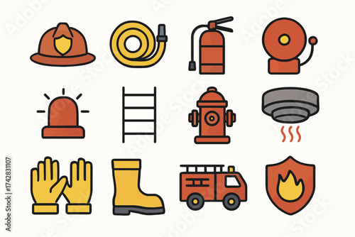 Essential fire safety equipment icons: helmet, hose, extinguisher, alarm, ladder, hydrant, gloves, boots, truck