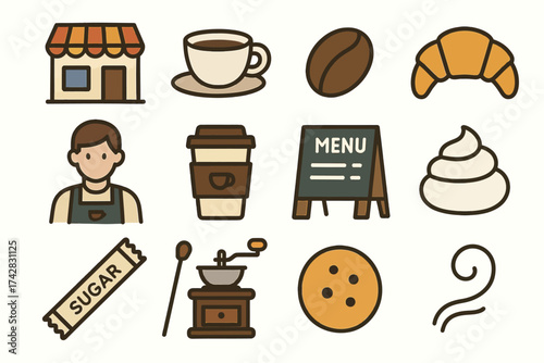 Coffee shop icons: barista, beverage, pastry, grinder, menu board, sugar