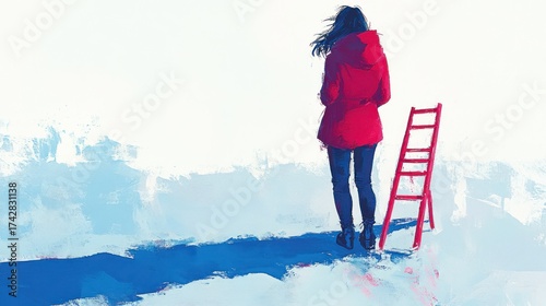 Woman in red coat, standing alone on a painted path, looking out