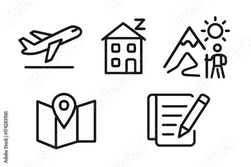 Simple icons of travel plane, house, mountain, map, and checklist