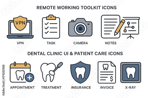 Remote work and dental clinic icon sets: vpn, camera, appointment, treatment