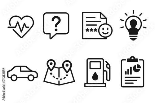 Set of eight simple black icons including heart, question, document, lightbulb, car, map, fuel pump, and clipboard