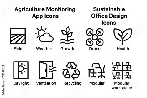 Agriculture and office design icon set: field, weather, growth, recycling, modular