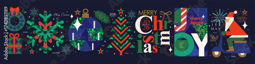 Merry Christmas and Happy New Year! Vector modern geometric abstract illustrations of Santa Claus, Christmas tree, ball, snowflake, wreath, joy, gift box, typography for icons, card, banner