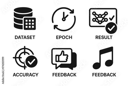 Dataset icons: symbols for data analysis, machine learning, and feedback visualization