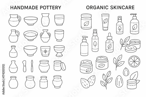 Handmade pottery and organic skincare line art collection with jars and bottles