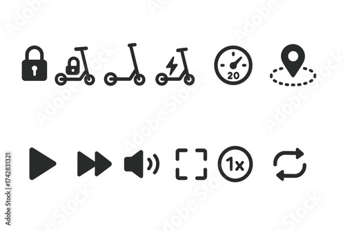 Scooter icons set: lock, speed, location, and media controls