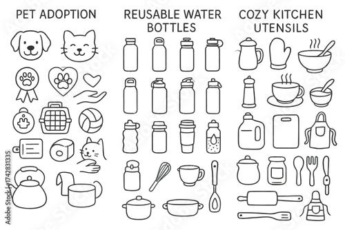 Pet adoption essentials, reusable water bottles, and cozy kitchen utensils