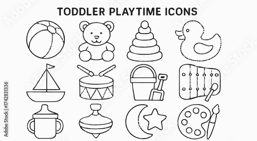 Toddler playtime icons featuring toys and activities