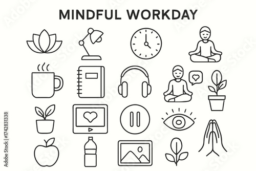 Mindful workday elements: meditation, wellness, productivity, relaxation, focus