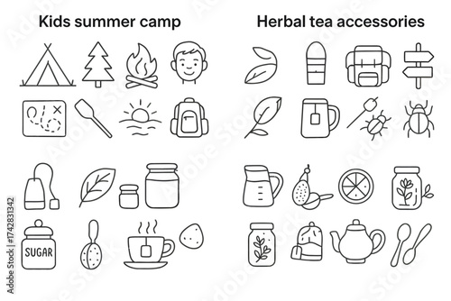 Kids summer camp and herbal tea accessories illustration