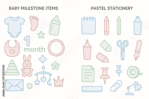 Pastel baby milestone and stationery items with outlined icons