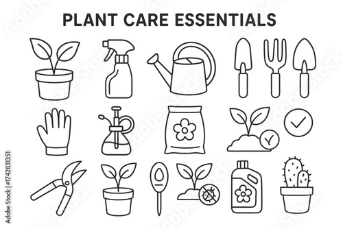 Outline icons of plant care essentials: tools, watering, pruning, fertilizing, gardening