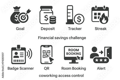 Financial savings challenge and coworking access control icons collection