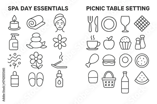 Line art icons of spa day essentials and picnic table setting items