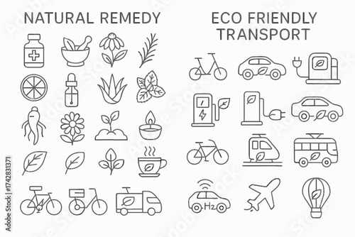 Natural remedy and eco-friendly transport icons: nature and sustainability imagery