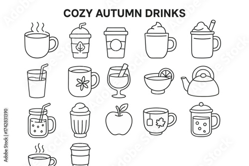 Cozy autumn drink icons: cups, mugs, teapots, beverages, seasonal designs