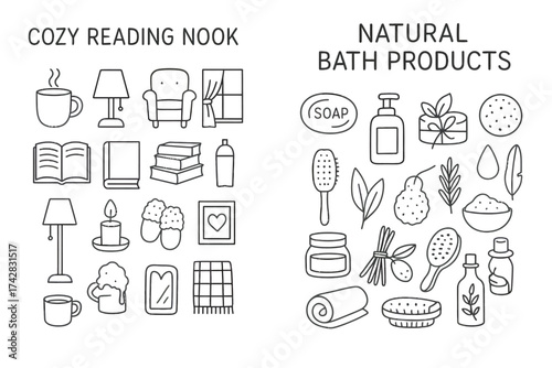 Cozy reading nook and natural bath products icons for home relaxation