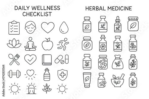 Daily wellness and herbal medicine icons for health and fitness
