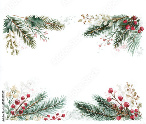 Festive watercolor corners with pine branches, red berries, and frosted foliage, creating a winter holiday frame.