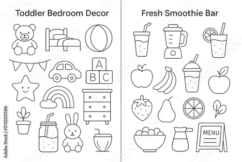 Toddler bedroom and smoothie bar elements illustrated in minimalist style