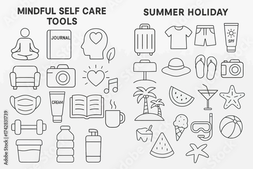 Mindful self-care and summer holiday icon set for relaxation and leisure