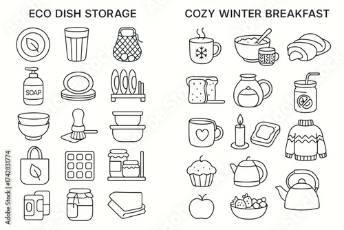 Eco kitchen storage and cozy winter breakfast essentials in line art design