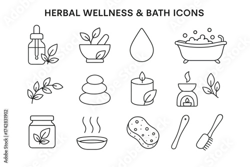 Herbal wellness and bath icons: essential oils, spa, candle, relaxation symbols, line art set