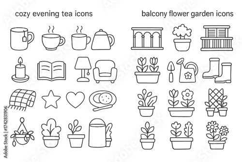 Cozy evening tea and balcony flower garden icon set