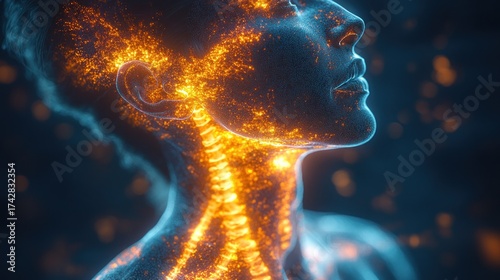 Woman's neck and head, glowing energy
