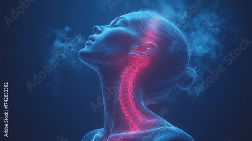 Woman's neck and spine highlighted in glowing red