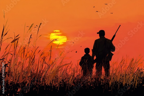 Man and child share a moment watching birds fly at sunset amidst tall grass, evoking tradition, family, and outdoor adventure