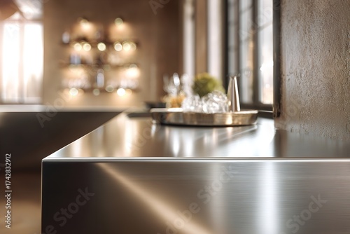 Sleek modern brushed metal countertop gleams with soft ambient light, showcasing elegant barware and a hint of a stylish kitchen backdrop