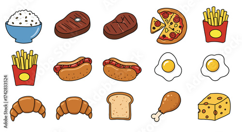 Cute hand-drawn cartoon food icons in doodle vector style featuring rice, steak, pizza, fries, burger, egg, and more, outlined in black on a white background.