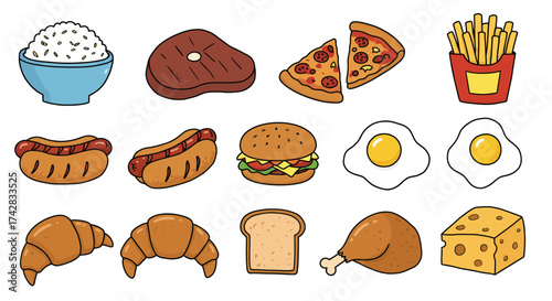 Cute hand-drawn cartoon food icons in doodle vector style featuring rice, steak, pizza, fries, burger, egg, and more, outlined in black on a white background.